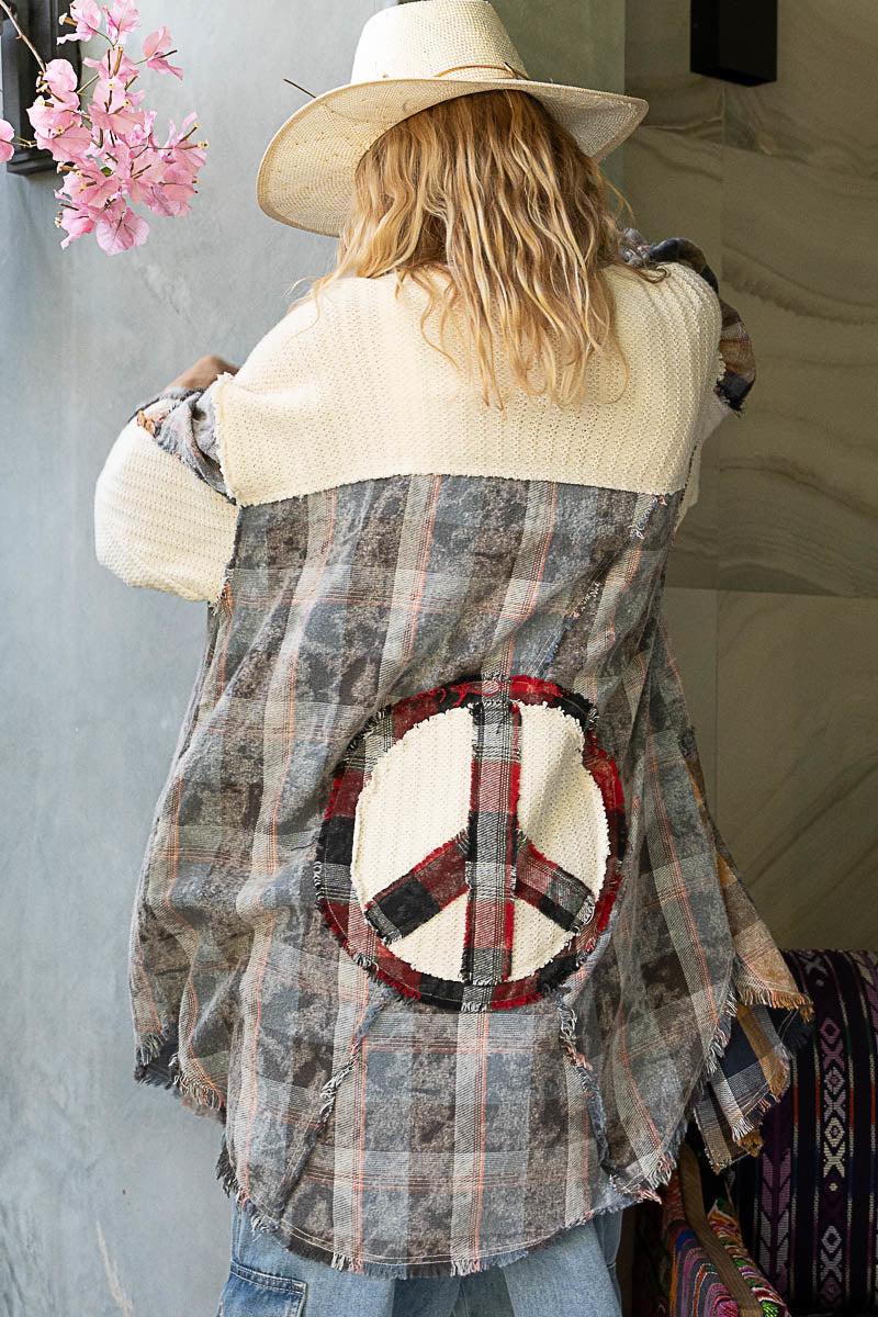 PEACE MIXED PLAID SHIRT JACKET