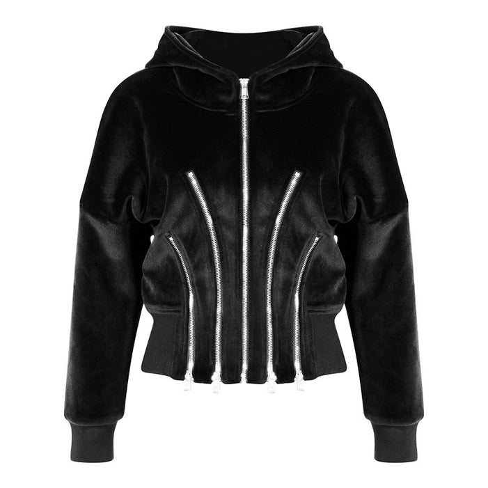 BLACK VELVET HOODIE CORSET ZIPPER FIT