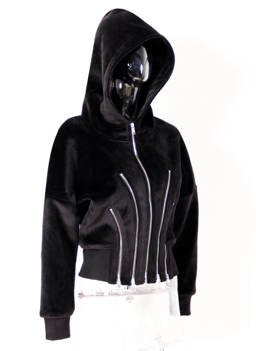 BLACK VELVET HOODIE CORSET ZIPPER FIT