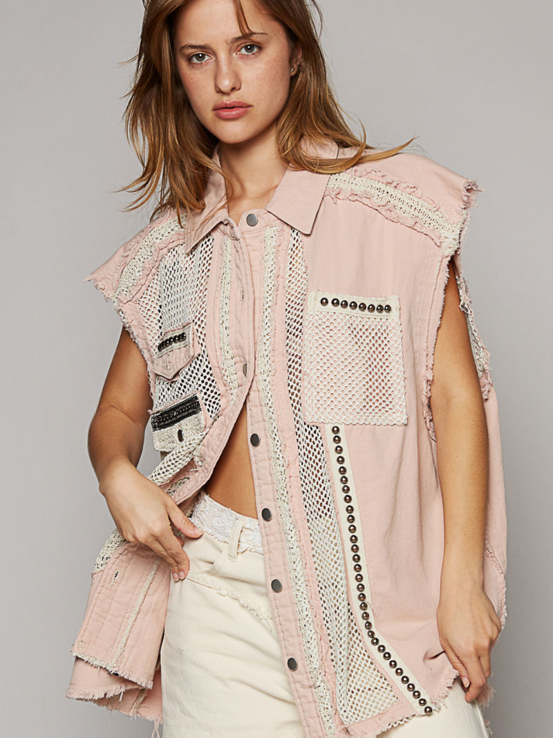 OVERSIZED VEST IN POWDER PINK WITH STUDDING