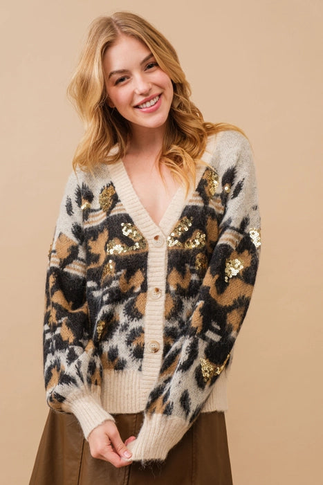 SOFT LEOPARD CARDI W SEQUINS