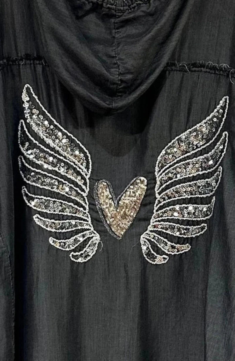 SEQUIN ANGEL WING BLACK CARDIGAN