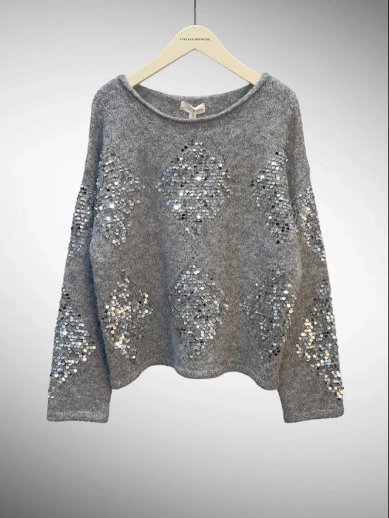 GREY BOATNECK SEQUIN SWEATER ONE SIZE